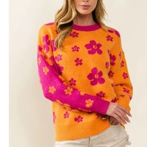 BiBi Oversized Fuzzy Daisy Retro Flower Knit Sweater - Orange & Pink Sz M